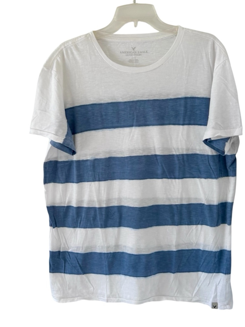 American Eagle Outfitters White and Blue Horizontal Stripe Crew Tee